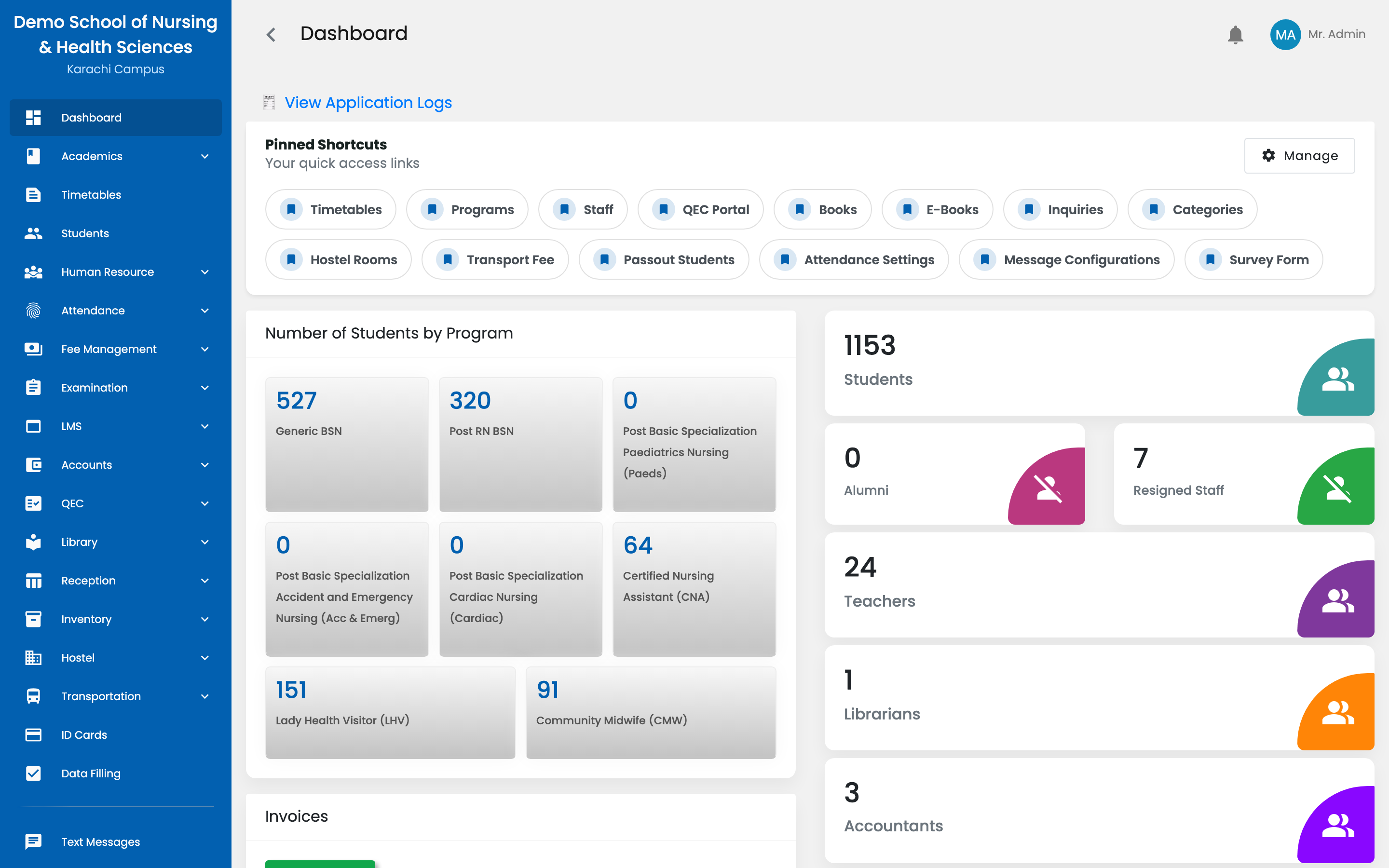 The SUMS-ERP dashboard for a nursing college, showing the sidebar of modules alongside attendance, fee and enrolment summaries.